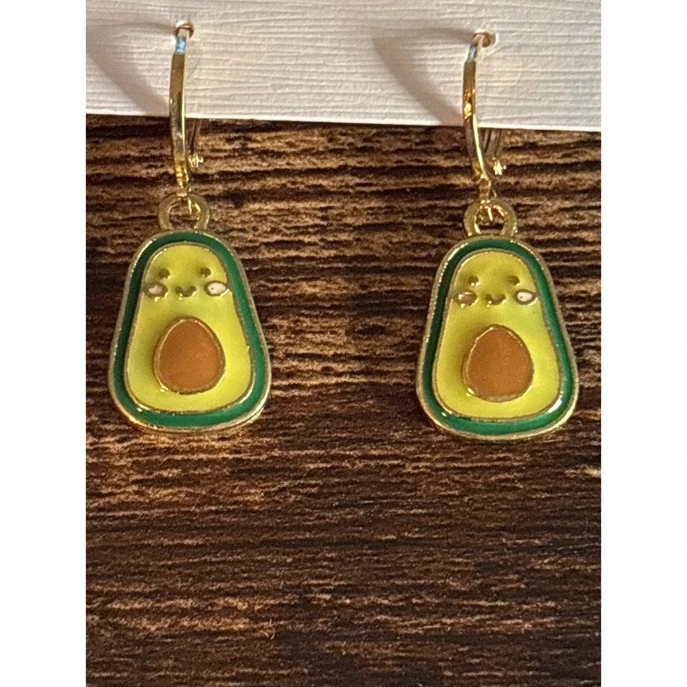 Kawaii Avocado Enamel Dangle Earrings Gold Tone Fruit Foodie Lever Back Hoops